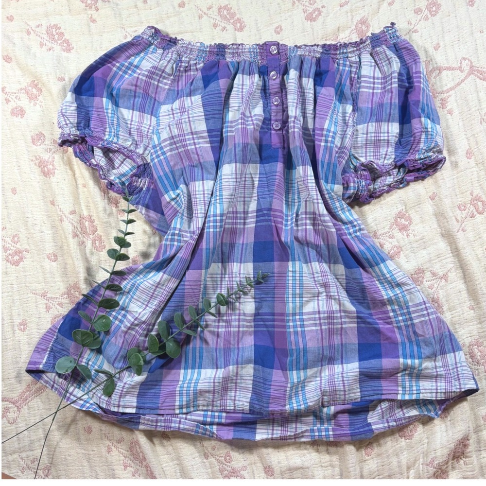 Y2K Purple Plaid Off Shoulder Peasant Top Cotton Blouse Large 12-14
